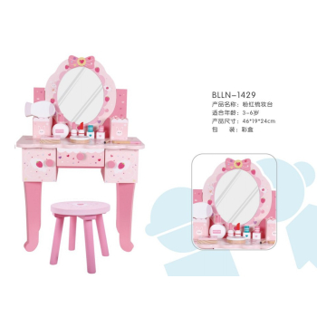 Drewniana toaletka z taboretem dla dziewczynek Domowy salon piękności Makijaż + Akcesoria